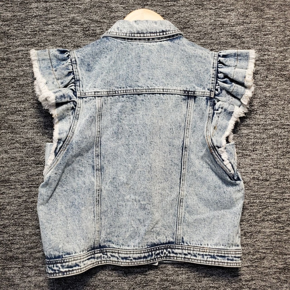 Blue B Denim Vest Women Small Light Wash Ruffle Frayed Acid Wash Jean Sleeveless - Picture 2 of 12